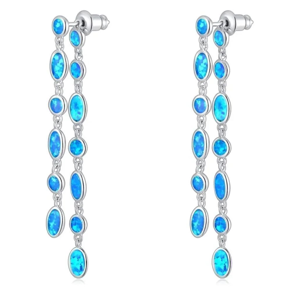 18K White Gold with Genuine Blue Fire Opal Dangling Drop Post Back Earrings